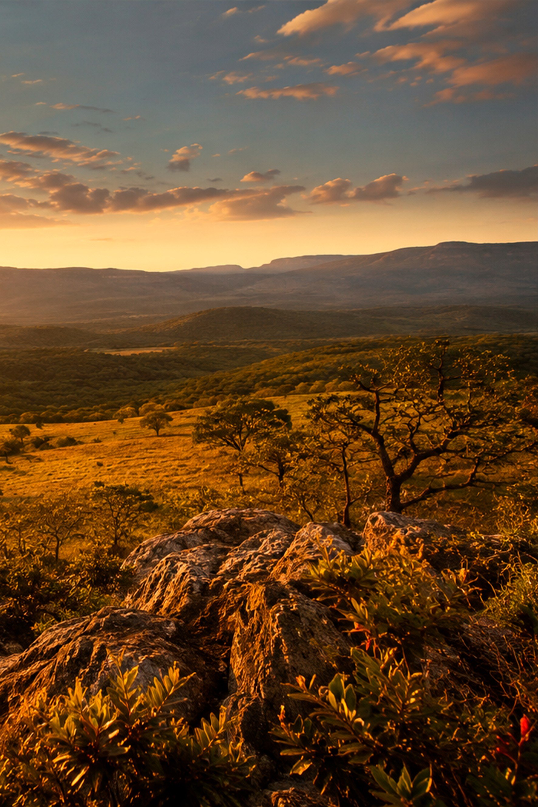 Entardecer sobre os campos e as serras da Fazenda Serra Negra, em Santana do Riacho, Minas Gerais